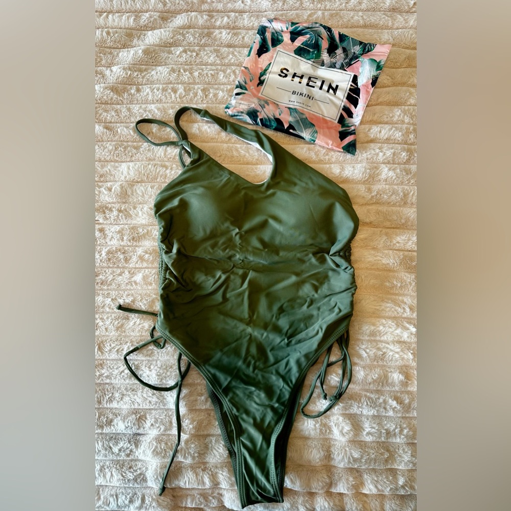 SHEIN New Olive Green One-Piece Swimsuit One Shoulder Adjustable Sides